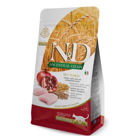 Farmina N&D Ancestral Grain Neutered Ξηρά Τροφή με Λίγα Σιτηρά για Ενήλικες Στειρωμένες Γάτες με Κοτόπουλο / Ρόδι 1.5kg